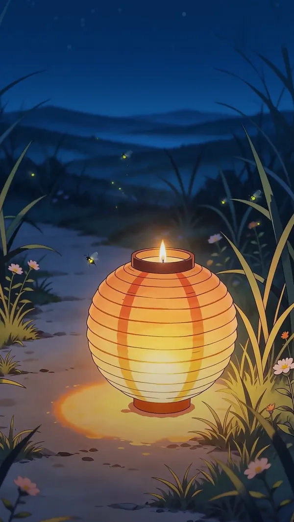 Lampwisp on a phone: a paper lantern glowing on a moonlit meadow path, with fireflies in the grass